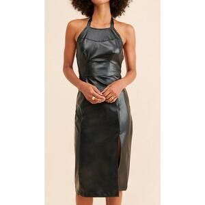 Black Faux Leather Midi Dress Women S Halter Bodycon Slit Cocktail Party